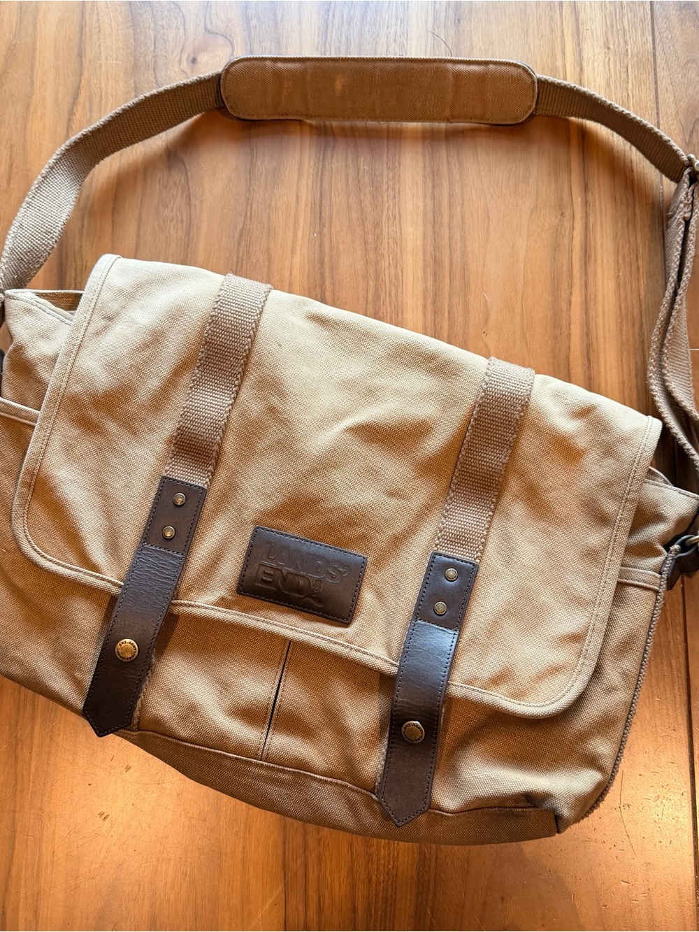 Lands' End Khaki Canvas Messenger Bag with Brown Trim